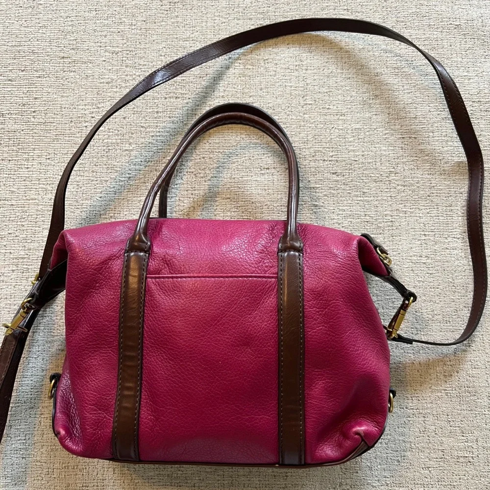 Fossil Magenta Pink Pebbled Leather Satchel Crossbody Bag Brown Trim Brass Purse